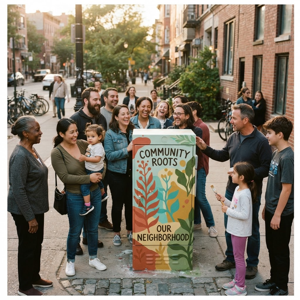 A small community gathering celebrating a freshly painted utility box mural