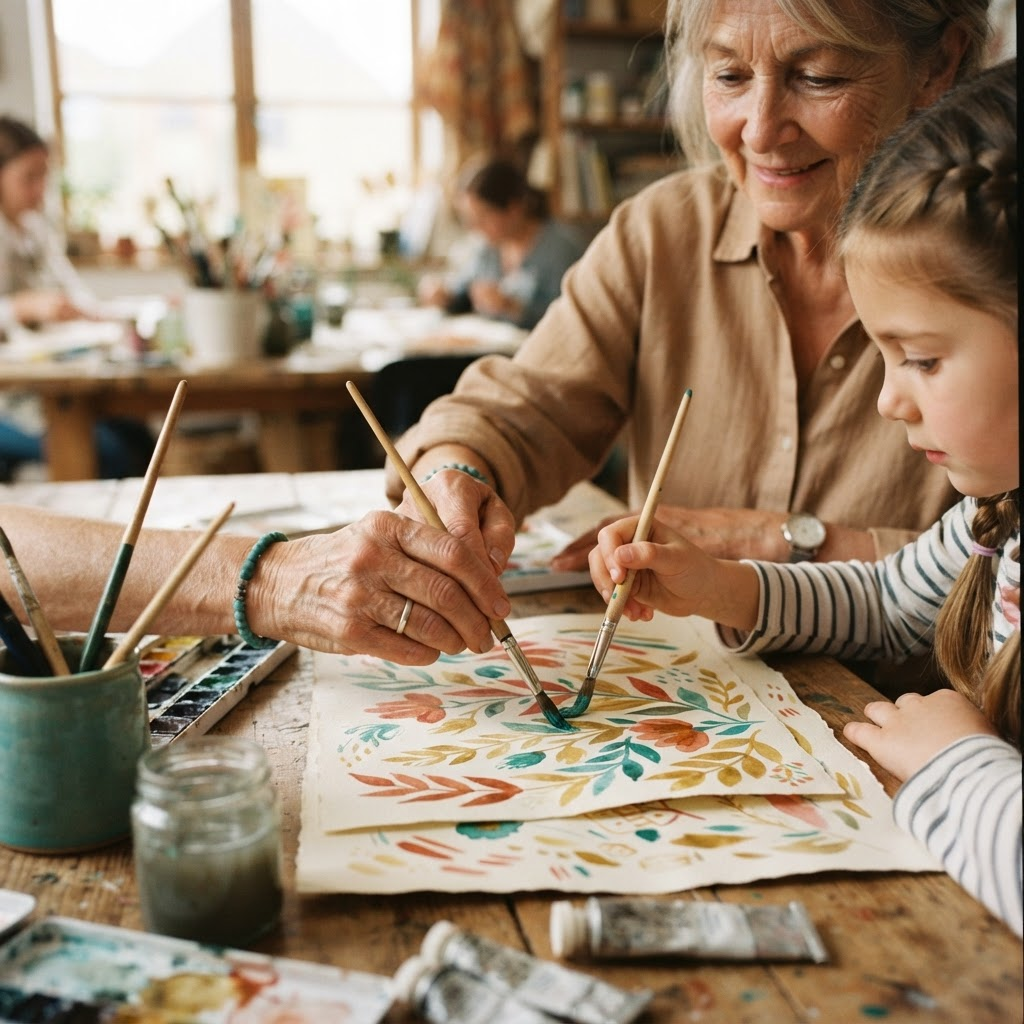 An older and a younger pair of hands sketching a colorful mural design together