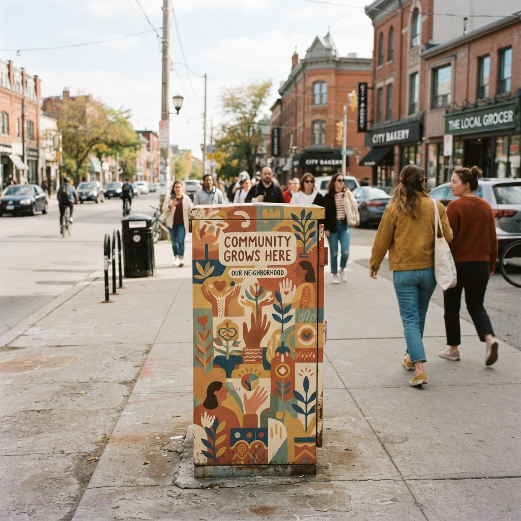 A painted utility box on a city sidewalk with pedestrians walking past