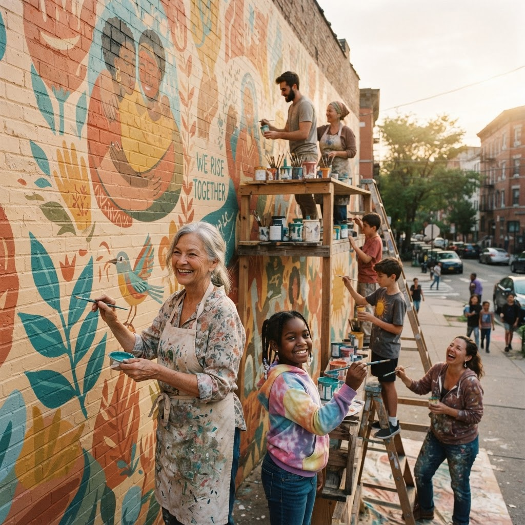 A colorful community mural being painted by several people