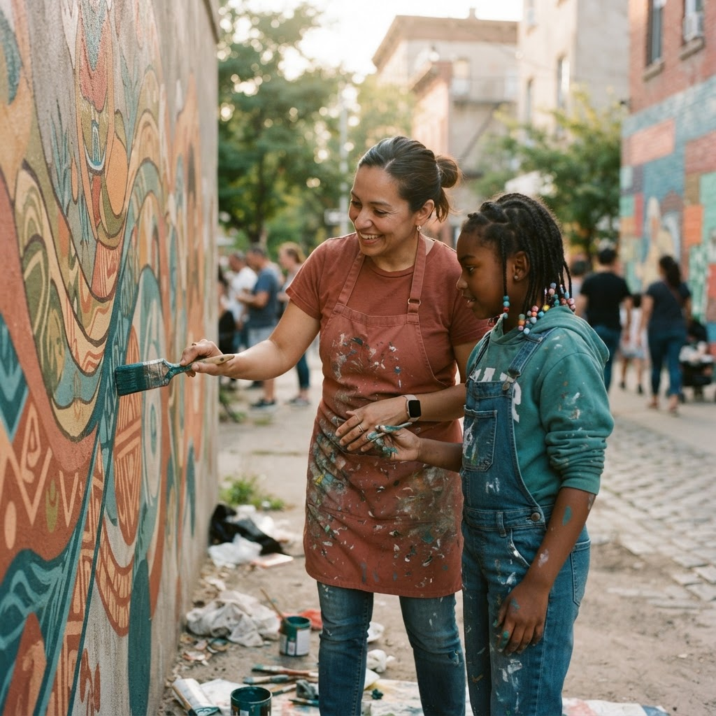 A young person and an adult artist painting together outdoors