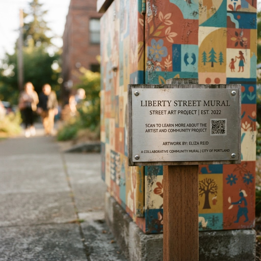 A small brushed-metal interpretive plaque with a discreet QR code mounted beside a painted utility box